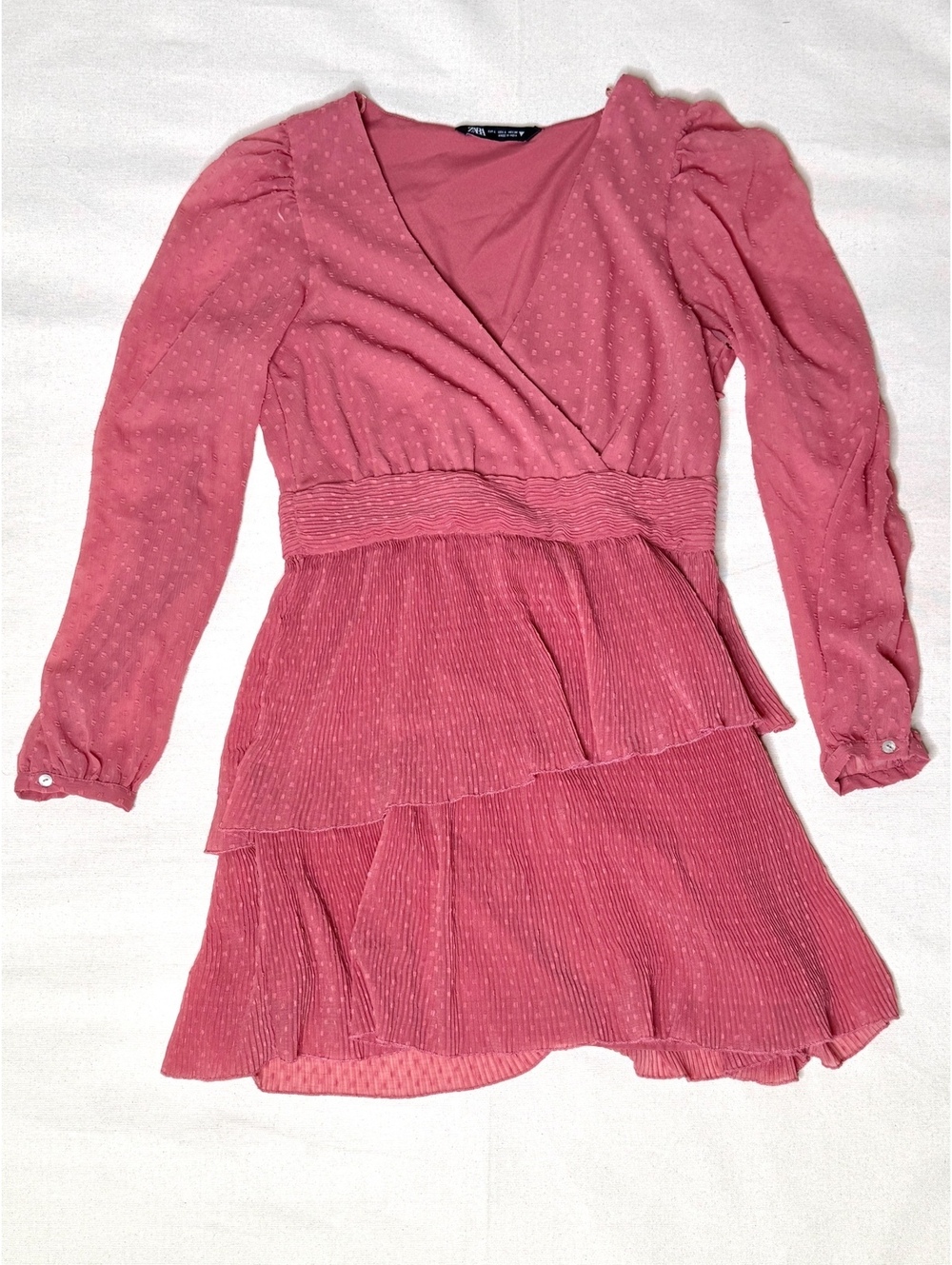 Zara Pink Swiss Dot Tiered Mini Dress L Puff Sleeve V Neck Pleated Boho